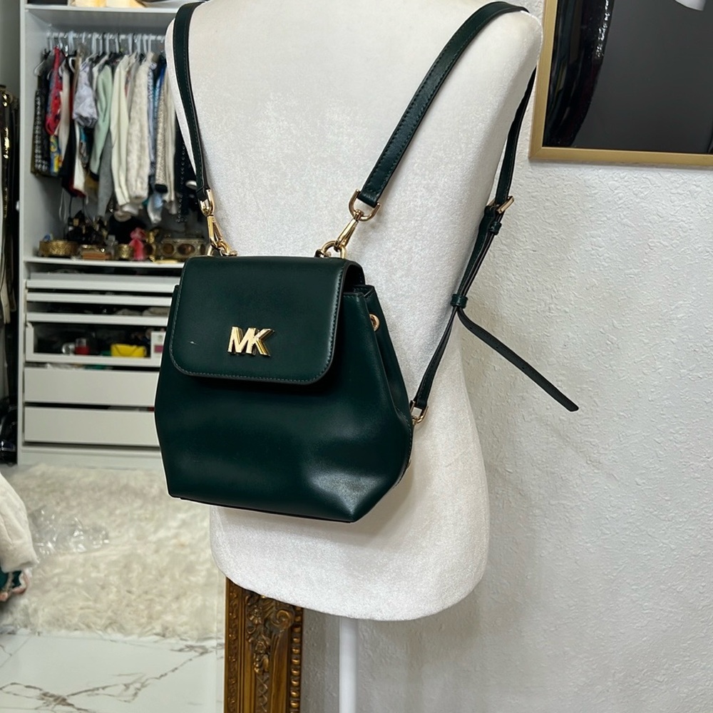 Real Michael Kors Green mini Backpack with Gold Logo and Structured Design